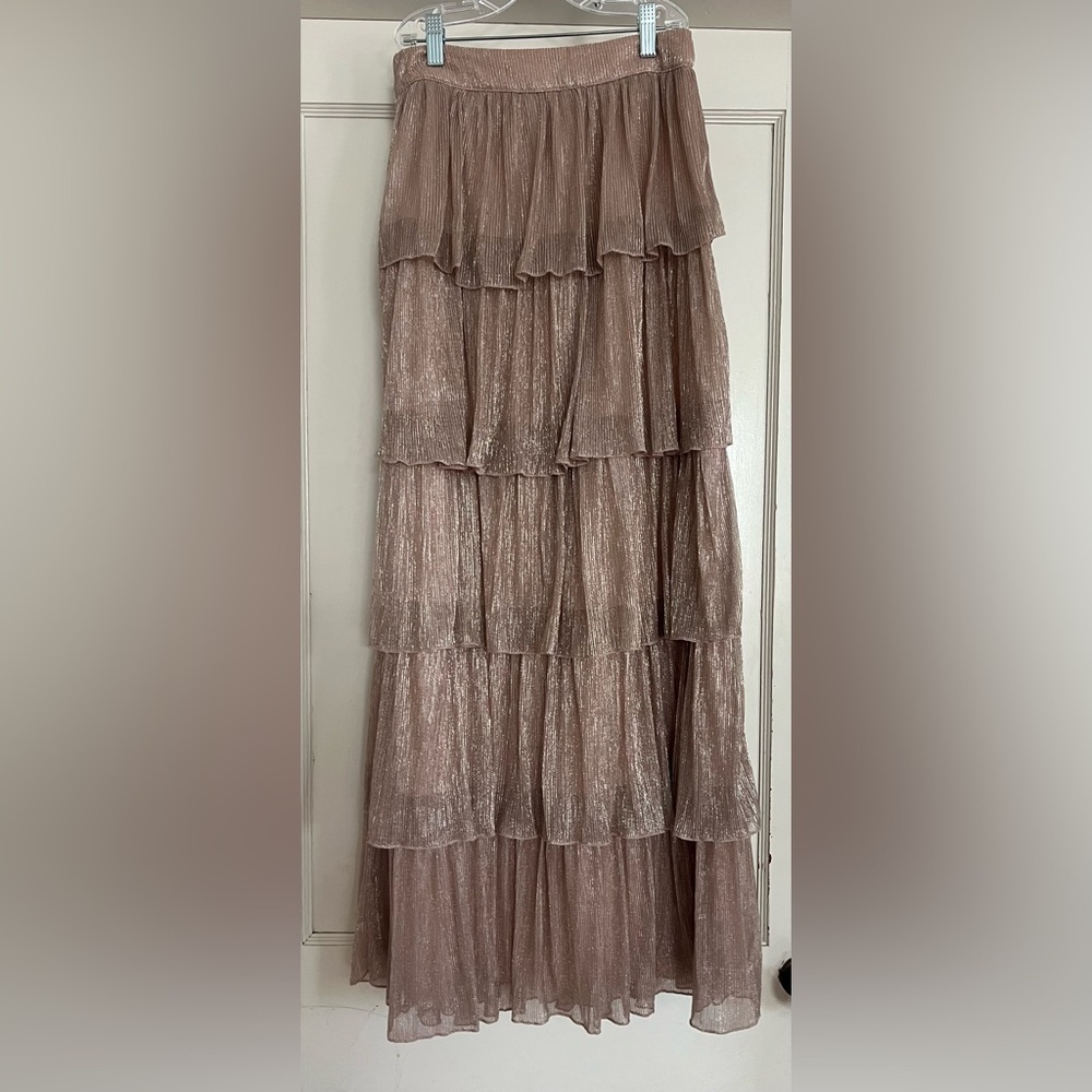 A Loves A Metallic Chiffon Bodre High Rise Tiered Ruffle Flounce Skirt NWT - Picture 4 of 8